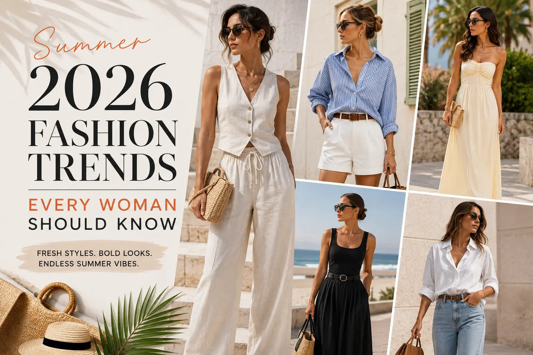 Summer 2026 women's fashion trends with linen co-ords, maxi dresses, oversized shirts, tailored shorts, relaxed denim, resort wear, and modern summer style essentials.