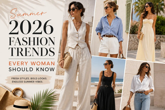 Summer 2026 women's fashion trends with linen co-ords, maxi dresses, oversized shirts, tailored shorts, relaxed denim, resort wear, and modern summer style essentials.