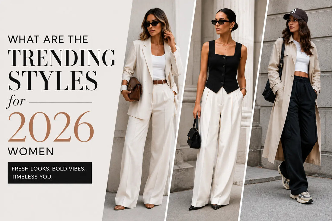 2026 women's fashion trends featuring power dressing, tailored pantsuits, minimalist outfits, wide-leg trousers, trench coats, and contemporary street style.