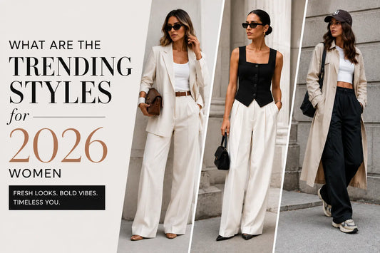 2026 women's fashion trends featuring power dressing, tailored pantsuits, minimalist outfits, wide-leg trousers, trench coats, and contemporary street style.