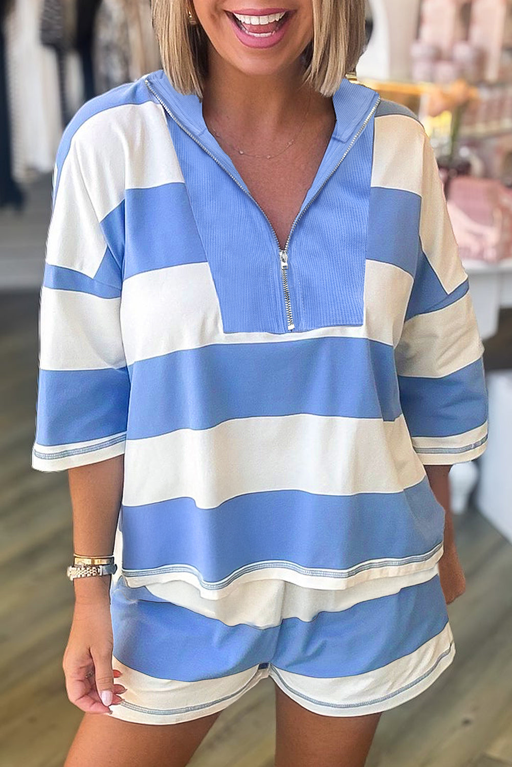 Sky Blue Stripe Seam Detail Half Zip Oversize Tee Casual Shorts 2pcs Set