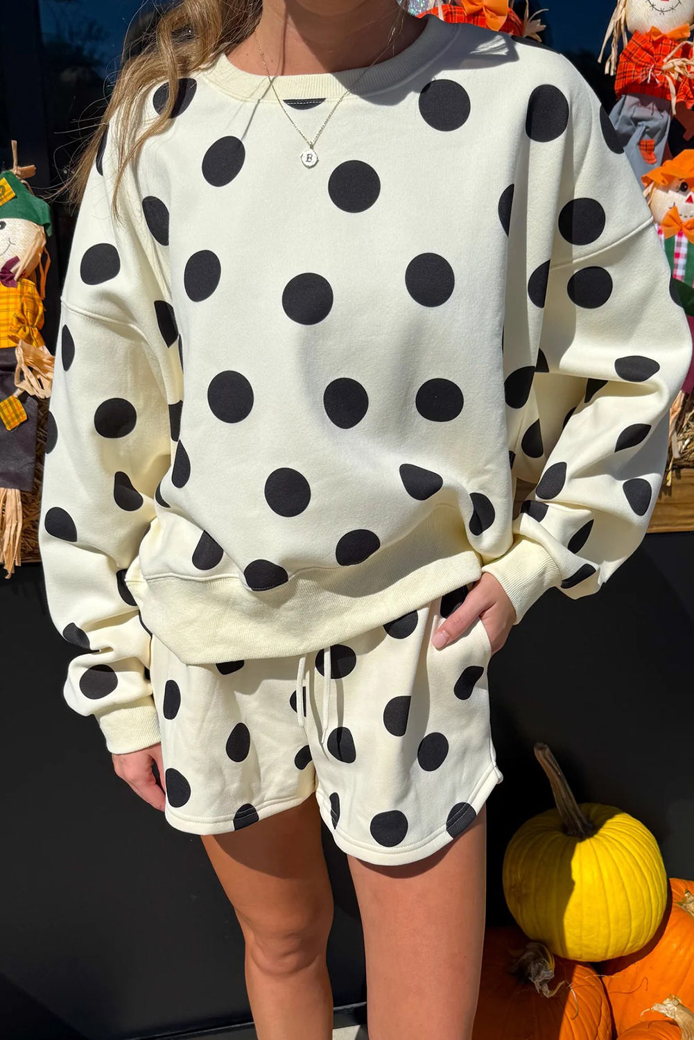 Sky Blue Polka Dot Print Drop Shoulder Pullover Drawstring Shorts Set