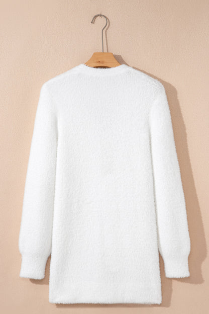 Smoke Gray Fuzzy Buttoned Front Midi Solid Cardigan