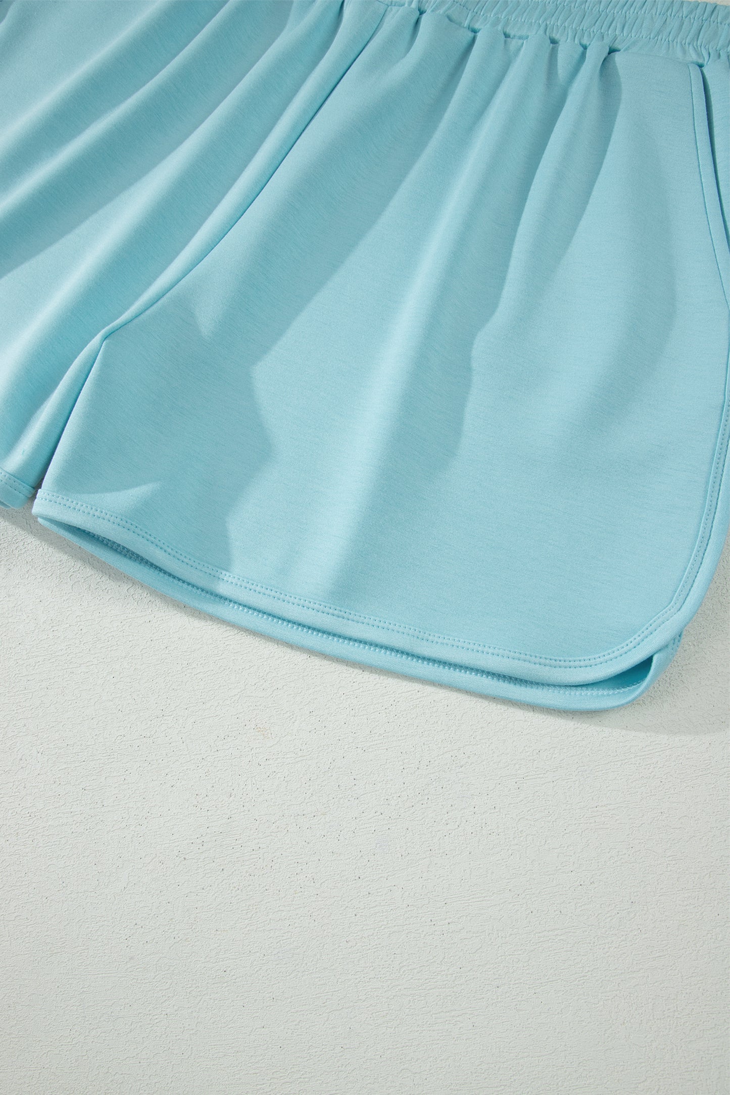 Mist Blue Solid Color Mock Neck Half Sleeve Top Plus Size 2pcs Short Set