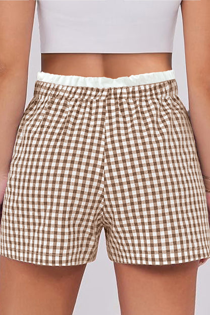 Green Contrast Trim Plaid Print Plus Size Shorts