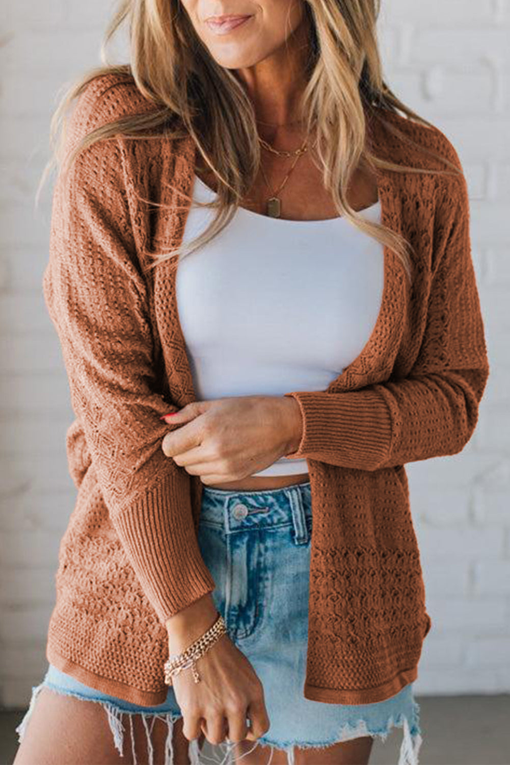 Lapis Mix Pattern Hollowed Knit Open Front Cardigan