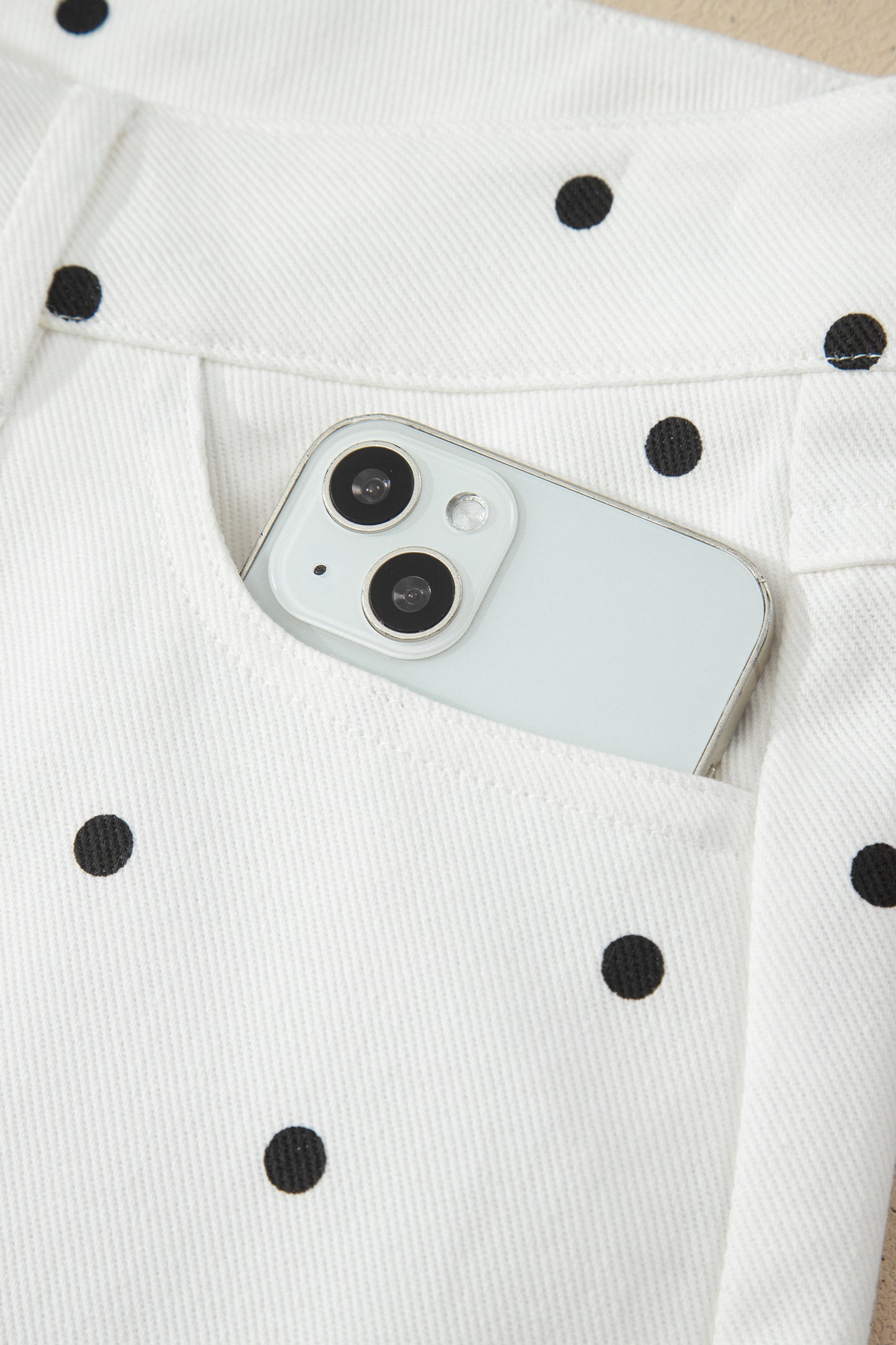 White Polka Dot Print Embroidered Scallop Hem Shorts