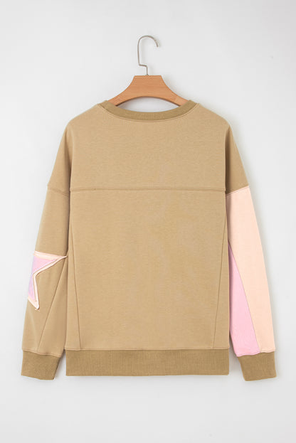 Sage Green Contrast Star Patchwork Exposed Seam Uneven Hem Drop Shoulder Sweatshirt