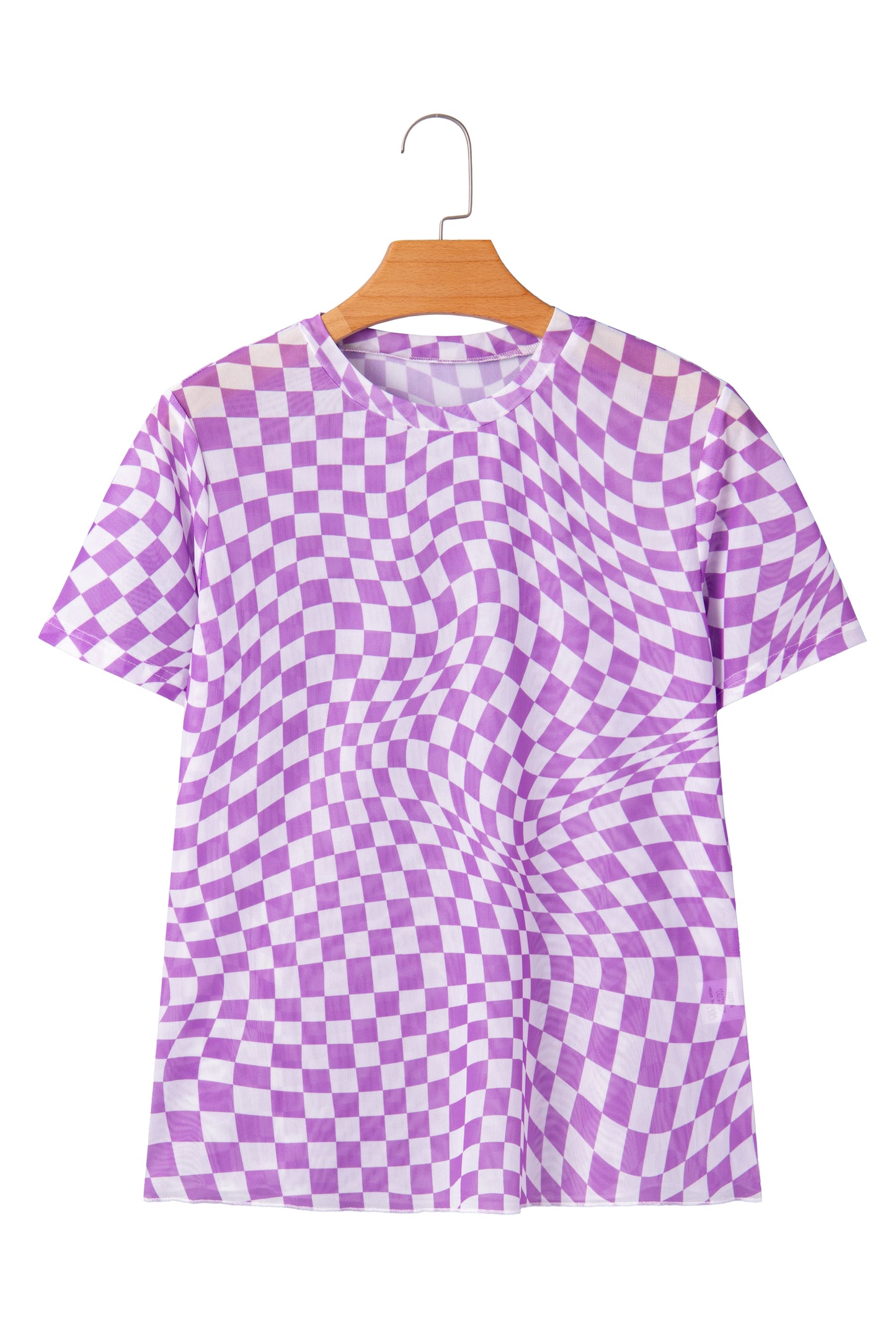 Khaki Checkered Print Mock Neck Mesh T Shirt