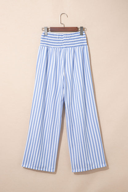 Black Stripe Shirred High Waist Loose Summer Pants