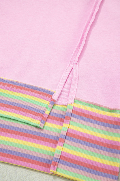 Pink Rainbow Stripe Ribbed Patchwork Raw Seam Oversize Polo Tee