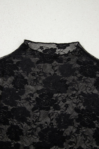 White Sheer Floral Lace Mesh Mock Neck Long Sleeve Top