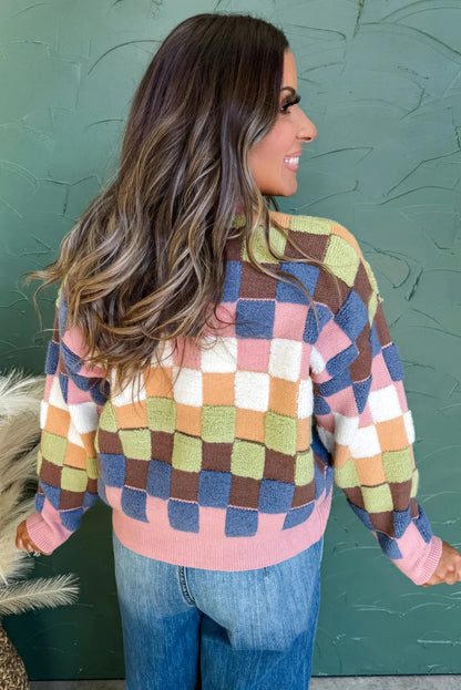 Multicolour Plush Checkered Pattern Button Front Cardigan Sweater