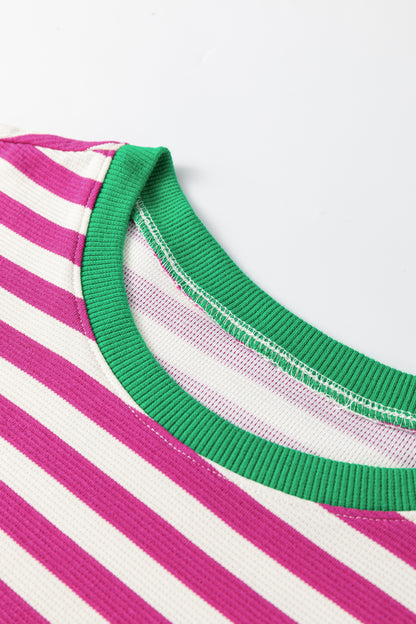 Rose Stripe Short Puff Sleeve Contrast Trim Round Neck Tee