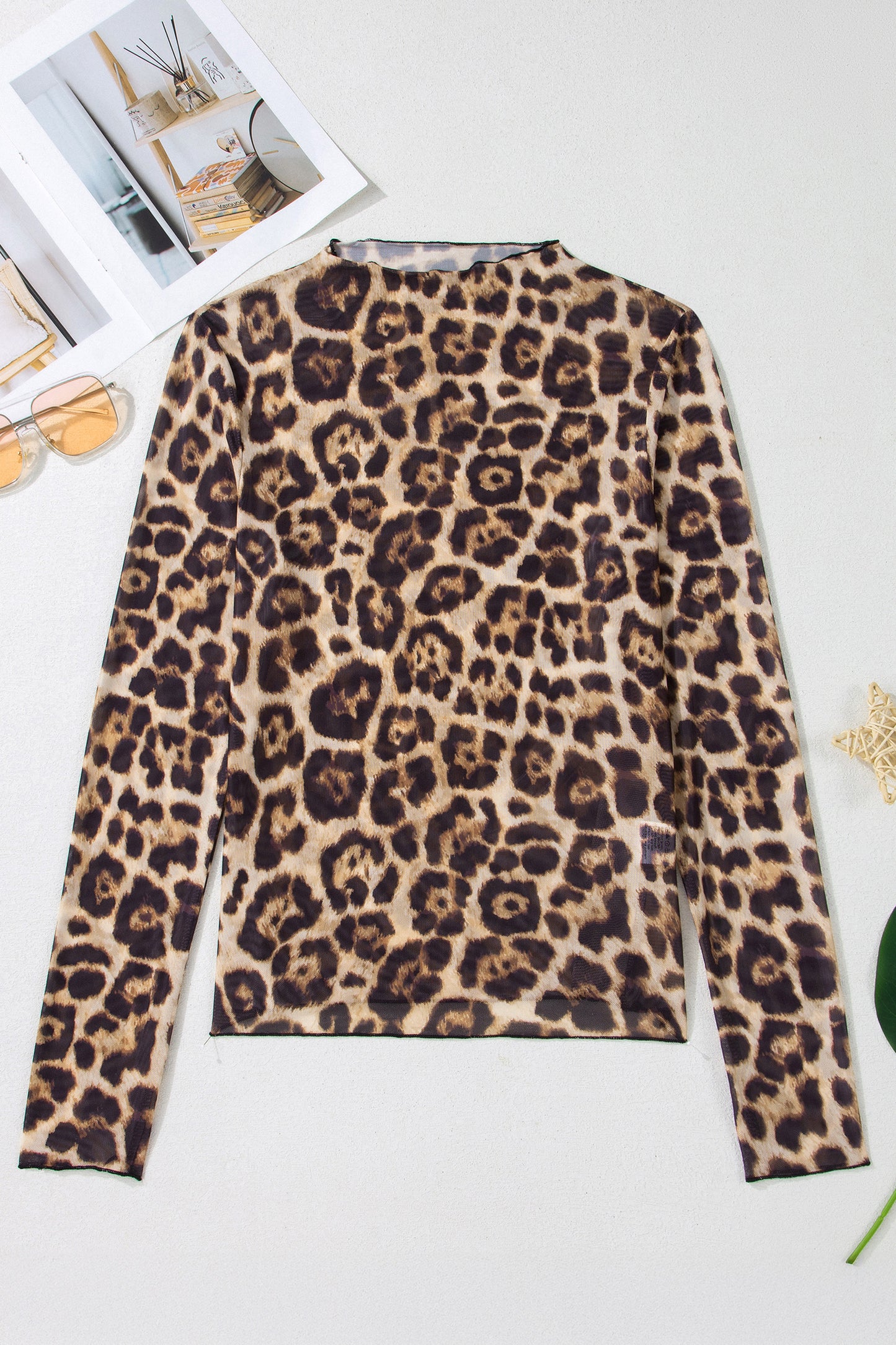 Camel Slim Fit Floral Mesh Long Sleeve Mock Neck Top