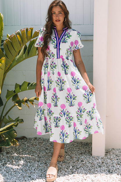 Sky Blue Floral Puff Short Sleeve V Neck High Waist Maxi Dress