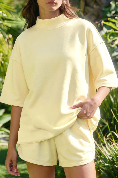 Moonlight Jade Solid Color Exposed Seam Mock Neck Oversize Tee Casual Shorts 2pcs Outfit