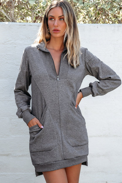 Black Zip up Collared Ribbed Patchwork Sweatshirt Dress with Pockets