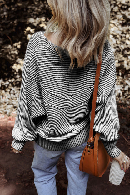 Red Dahlia Striped Print Ribbed Knit Boat Neck Baggy Sweater