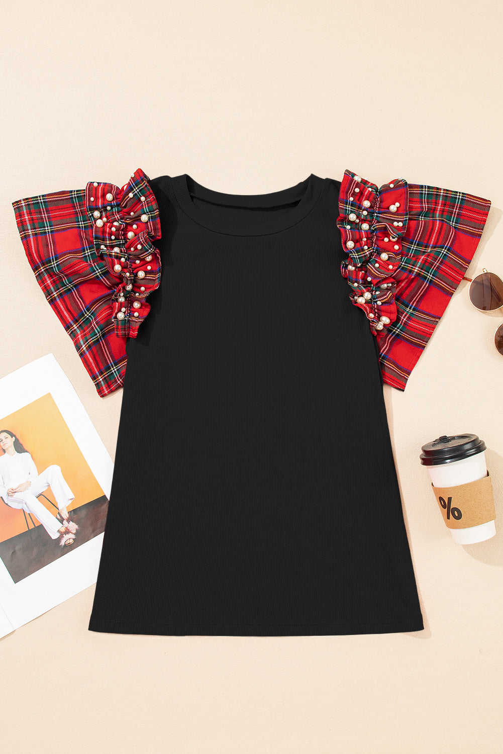Racing Red Plaid Pearl Ruffle Short Sleeve Loose T Shirt
