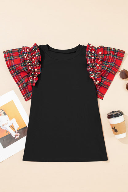 Racing Red Plaid Pearl Ruffle Short Sleeve Loose T Shirt