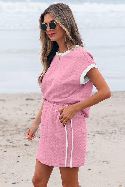 Beau Blue Contrast Trim Textured Crewneck Tee and Pocketed Skirt Set