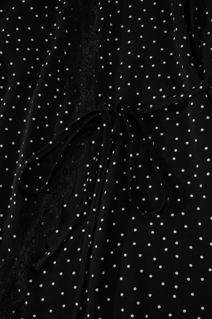 Black Polka Dot Print Lace Trim Wrap Mini Dress
