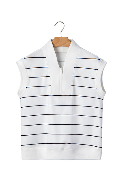 White Stripe Color Block Zip V Neck Sleeveless Top
