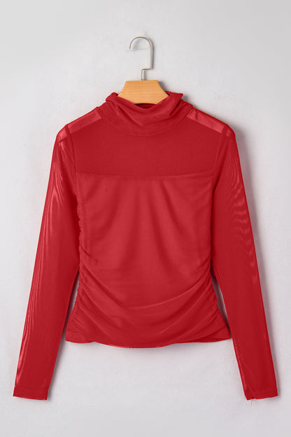 Coffee Sheer Mesh Patchwork High Neck Long Sleeve Top