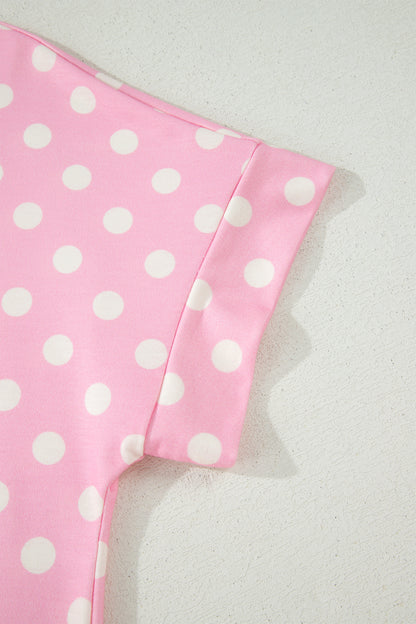 Sky Blue Polka Dot Print Color Block Trim Mock Neck Short Set