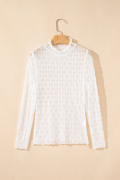Coffee Sheer Mesh Patterned Lettuce Trim Slim Long Sleeve Top