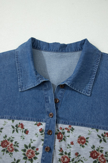 Gray Retro Floral Print Denim Patchwork Plus Size Polo Tee