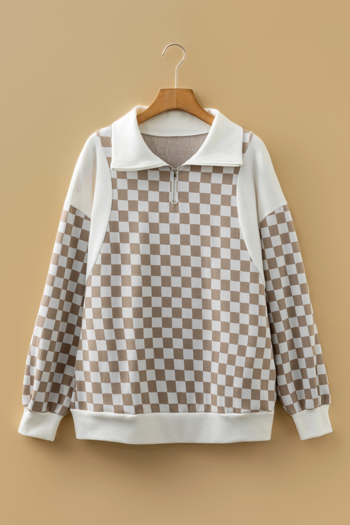 Khaki Checkered Print Quarter Zip Ribbed Patchwork Loose Sweatshirt