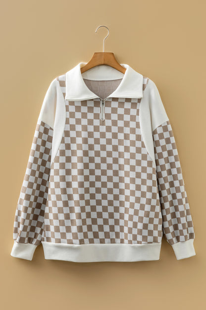 Khaki Checkered Print Quarter Zip Ribbed Patchwork Loose Sweatshirt