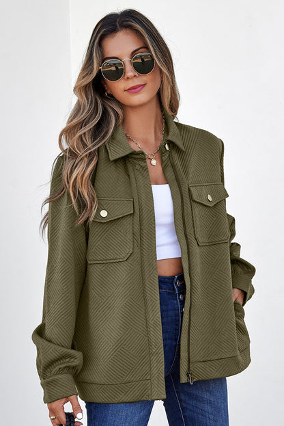 White Solid Color Zip Up Button Flap Pocket Shirt Collar Jackets