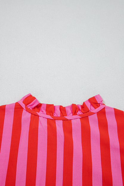 Red Stripe Half Button Puff Sleeve Loose Mini Dress