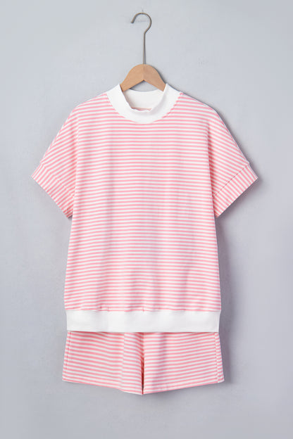 Green Stripe Cuffed Sleeve Contrast Mock Neck Tee Casual 2pcs Short Set