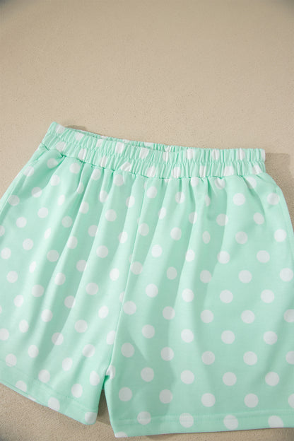 Sky Blue Polka Dot Print Color Block Trim Mock Neck Short Set