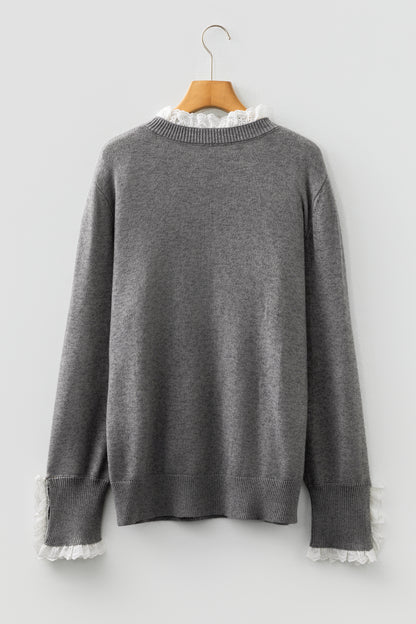 Sleet Lace Trim Patchwork Buttoned Cuffs Loose Sweater