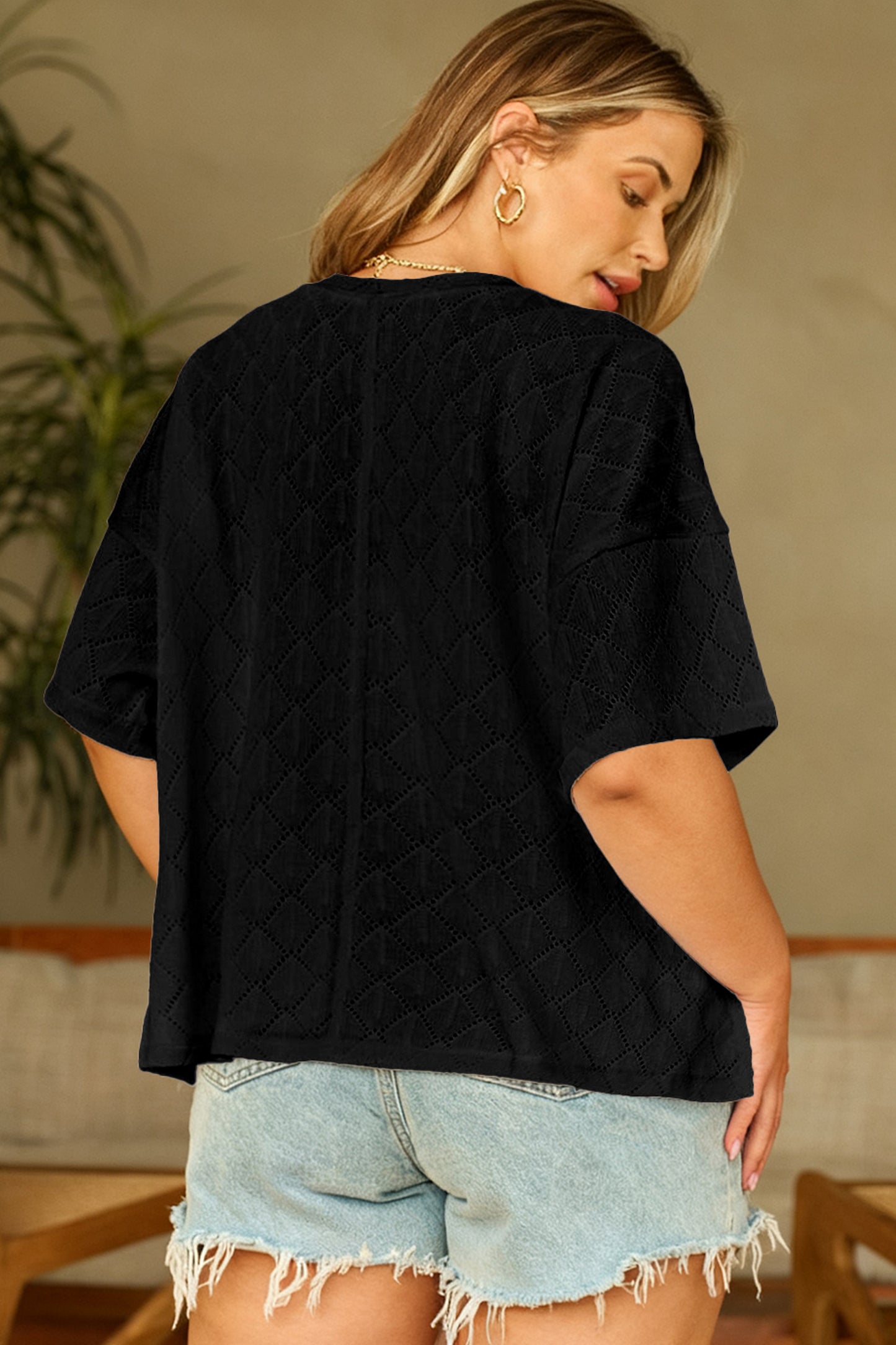 Sky Blue Pointelle Rhombus Knit Plus Size V Neck Loose Top