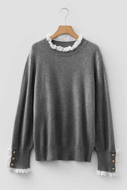 Sleet Lace Trim Patchwork Buttoned Cuffs Loose Sweater