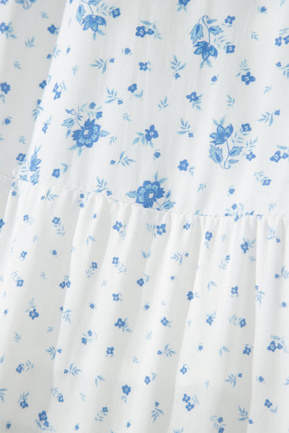 Sky Blue High Waist Tiny Floral Print Boho Maxi Skirt