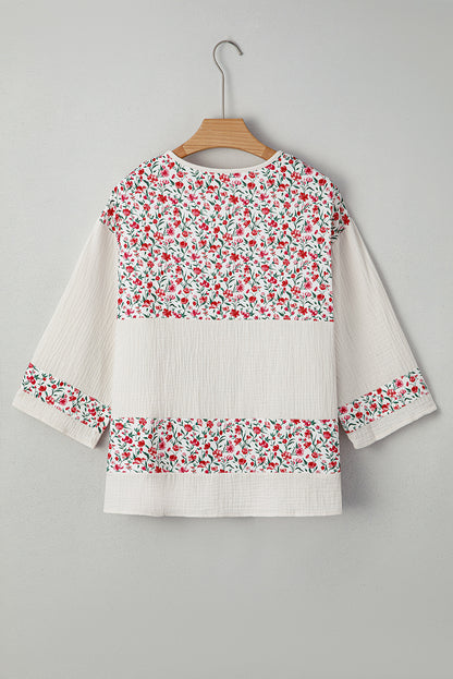 Sky Blue Floral Print Gauze Patchwork Henley Button 3/4 Sleeve Blouse