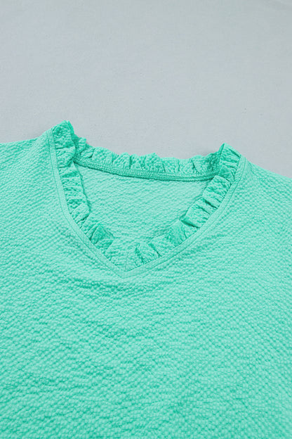 Mint Green Frilled V Neck Flower Embroidered Puff Sleeve Textured Blouse