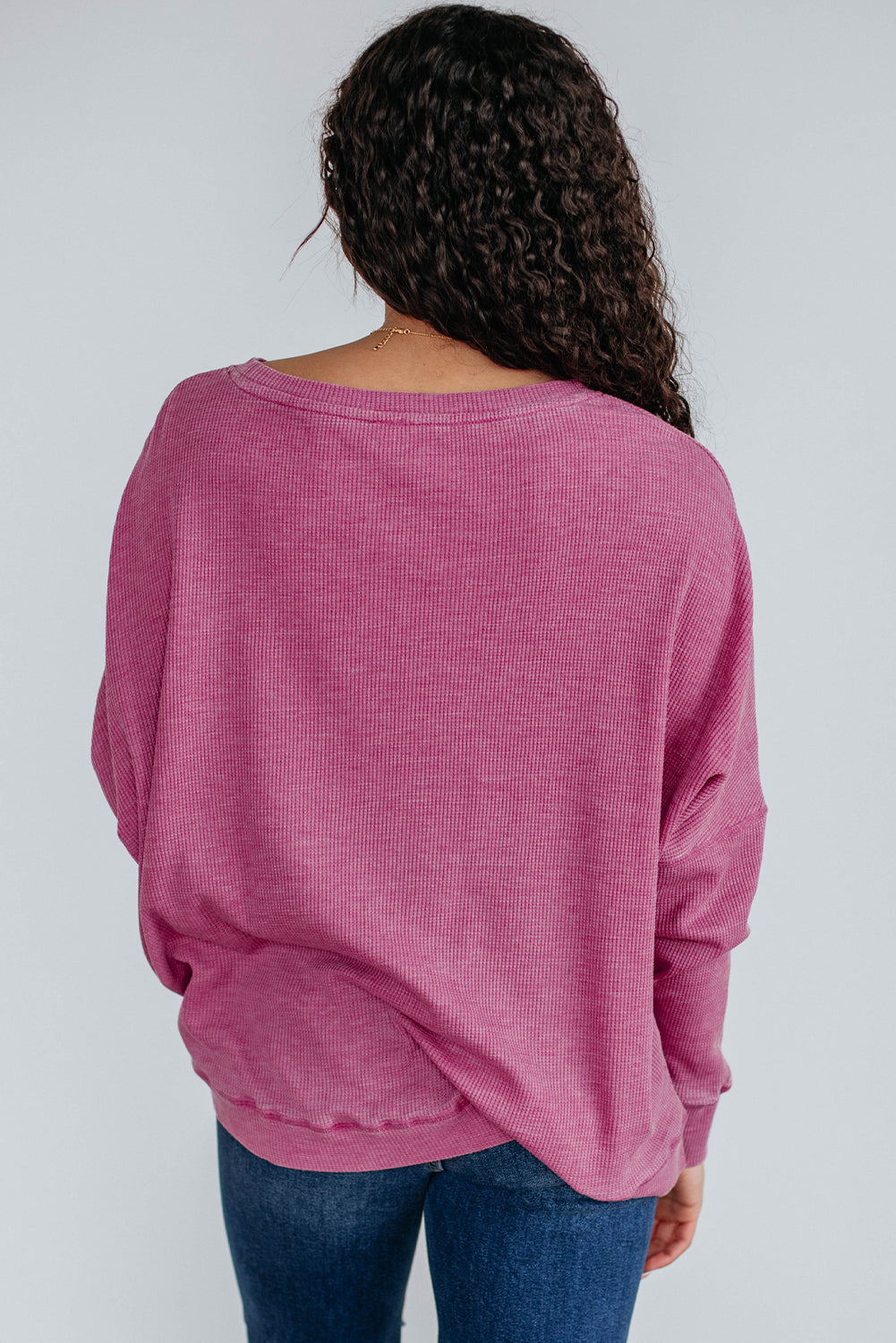 Mist Green Waffle Knit Patchwork Long Sleeve Loose Top