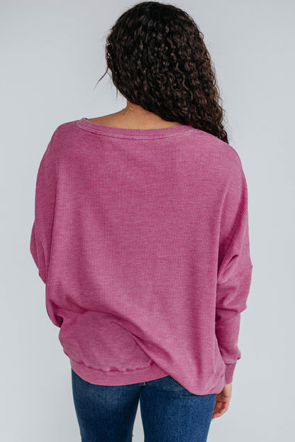 Mist Green Waffle Knit Patchwork Long Sleeve Loose Top