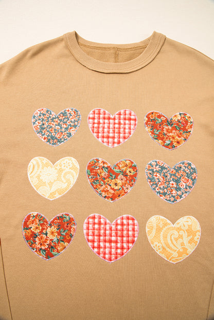 Straw Yellow Plaid Floral Heart Stitched Exposed Seam Mineral Wash Sweatshirt