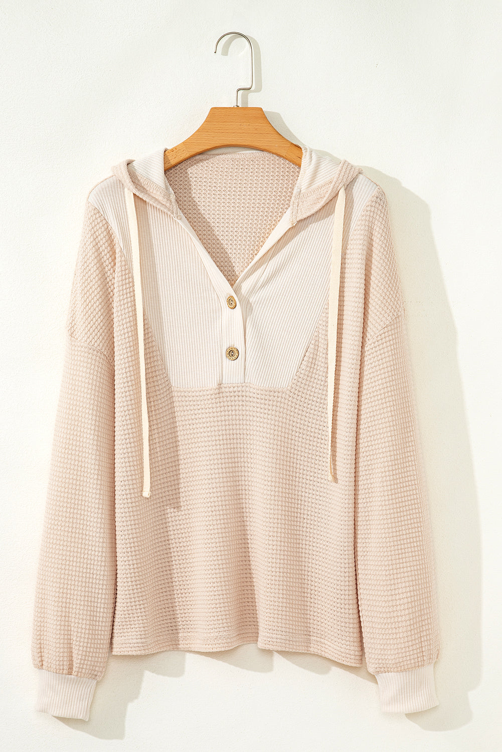 Racing Red Waffle Patchwork Drop Shoulder Hooded Long Sleeve Top