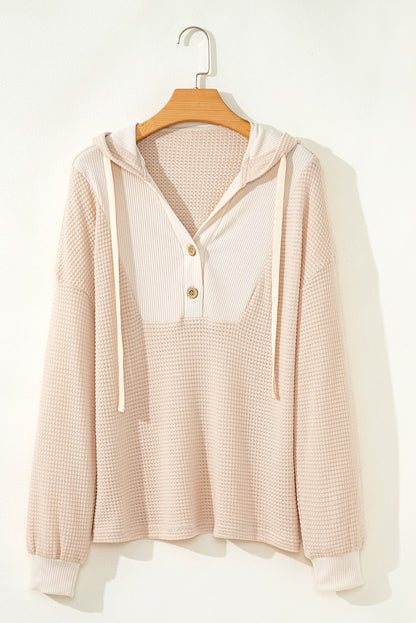 Racing Red Waffle Patchwork Drop Shoulder Hooded Long Sleeve Top