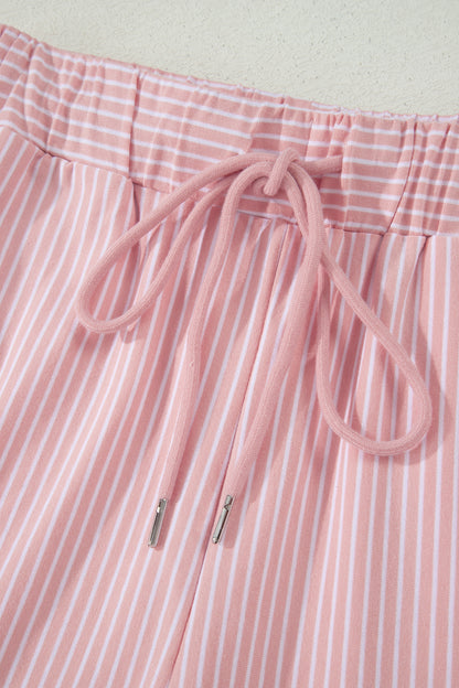 Khaki Stripe Dolman Sleeve Polo Shirt and Drawstring Shorts Set